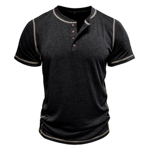 Detail of dark grey Henley shirt with beige contrast stitching and three-button neckline