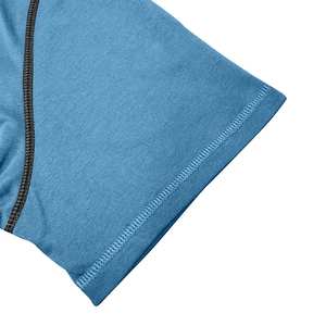 Macro view of blue knit Henley shirt with durable black flatlock stitching on the sleeve