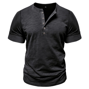 Close-up of slub texture fabric and five-button placket on dark grey Henley t-shirt