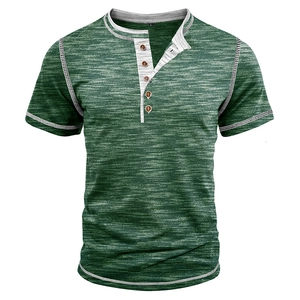 Detail of dark green Henley shirt featuring five wooden buttons and grey contrast trim