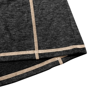 Detail of dark grey knit fabric with contrast stitching and curved hem for men's Henley shirt