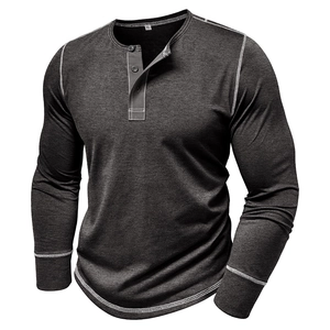 Detail of grey Henley shirt showing three-button placket and white contrast stitching