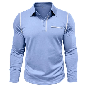 Detail of light blue long sleeve polo shirt with white contrast stitching and chest pocket