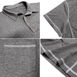 Détails du polo gris avec coutures, boutons et gros plan sur la texture du tissu