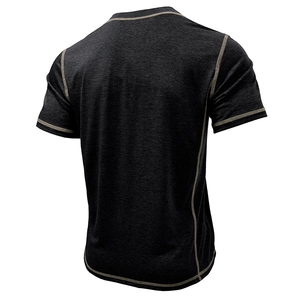 Detailed back view of men's Henley T-shirt with contrast stitching and melange fabric