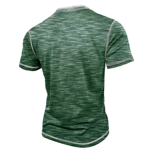 Detailed back view of heather green Henley shirt with contrast stitching and curved hem