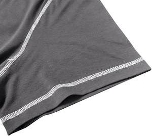 Detailed close-up showing reinforced white stitching on a dark grey Henley shirt fabric