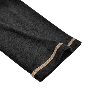 Close-up of men's dark grey knit shirt showing sleeve texture and khaki stitching