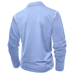 Detail of light blue long-sleeved polo shirt with breathable mesh fabric and white trim
