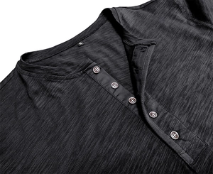 Detail shot of men's muscle Henley shirt with button neckline and slub knit texture
