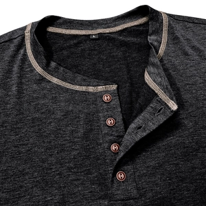 Detail of grey Henley shirt neckline with contrast stitching and four wooden buttons