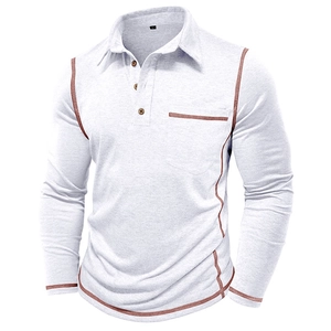 Detail of light grey long sleeve polo shirt with contrast brown stitching and chest pocket