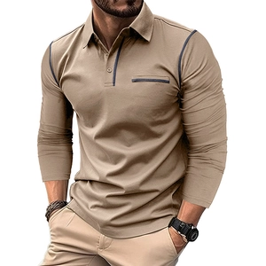Detail view of khaki long-sleeve polo shirt with navy contrast piping on shoulder and pocket