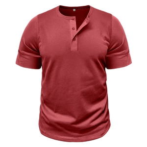 Detail of three-button Henley collar on dark red muscle fit short sleeve t-shirt