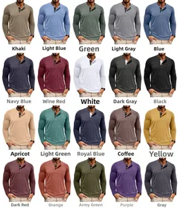 Grid display of 20 colors for men's long sleeve Henley shirts with three-button placket