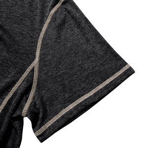 Detail of sleeve cuff on heather charcoal shirt with white contrast stitching accents