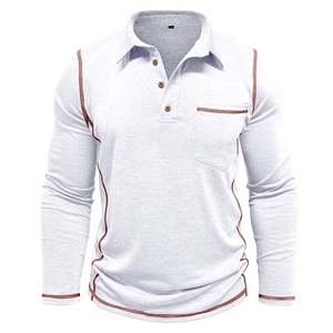 Detail of grey men's long sleeve polo shirt with contrast stitching and chest pocket