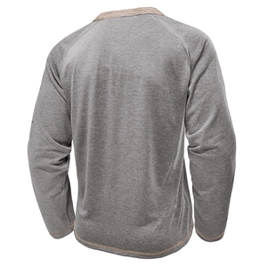 Rear view of grey long-sleeve Henley shirt with contrast yellow stitching detail