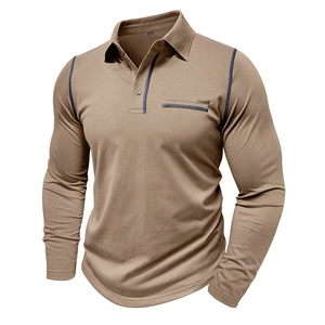 Detail shot of men's knit long-sleeve polo shirt showing dark blue contrast stitching