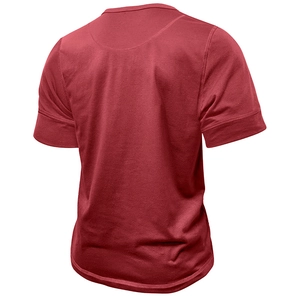 Macro back view of muscle fit Henley shirt in dark red cotton fabric with reinforced seams