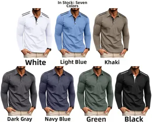 Detail view of long-sleeve polo shirts showing dual shoulder stripes and seven color options