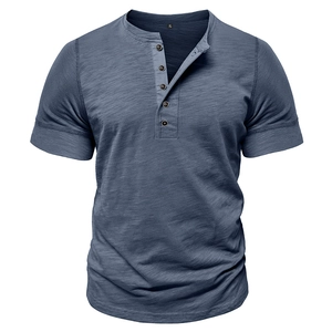 Detail of navy blue slub fabric texture and five-button neckline on men's Henley shirt