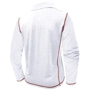 Detailed back view of light gray long sleeve polo with brown contrast stitching details