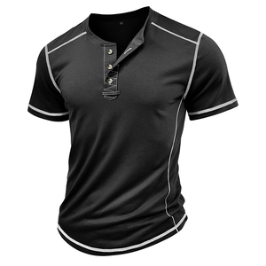 Detail of contrast white stitching on black Henley shirt with curved hemline and buttons