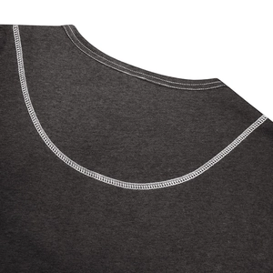 Detail of dark gray Henley shirt neckline featuring white contrast stitching and round neck