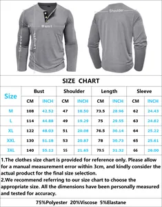 Men's long sleeve Henley shirt size guide with measurements for chest, shoulders, and fabric