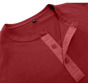 Detail view of burgundy men's Henley T-shirt with button placket and collar stitching