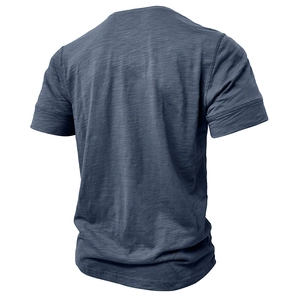 Detailed back view of navy blue muscle fit t-shirt with slub texture and crew neck