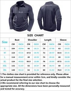 Men's long sleeve polo shirt size chart showing bust and sleeve length in CM and INCH