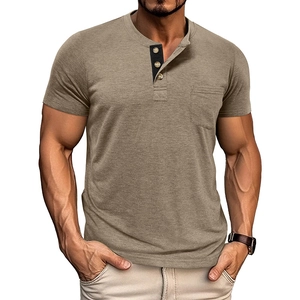 Detail of khaki slim fit Henley t-shirt featuring three buttons and a black contrast placket