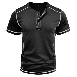 Detail of black Henley shirt neckline with three buttons and contrast stitching