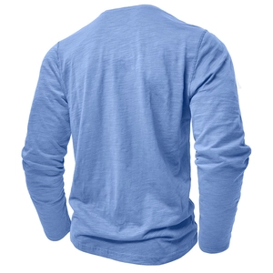 Detailed back view of men's sky blue long sleeve Henley shirt with slub cotton texture