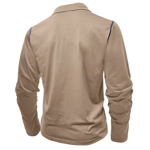 Detailed back view of khaki long sleeve polo shirt with blue contrast shoulder stitching