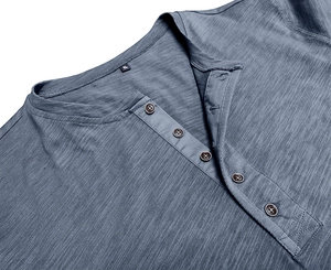 Detail of navy blue Henley shirt neckline showing fabric texture and button placket