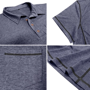 Détails macro d'un polo gris anthracite avec boutons en bois et surpiqûres noires