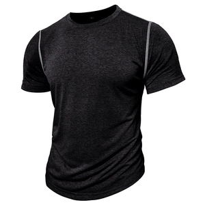 Men's dark gray short sleeve T-shirt with contrast stitching and crew neck athletic fit