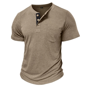 Detail of khaki men's Henley shirt featuring three-button placket and chest pocket