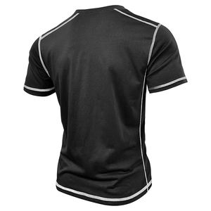 Rear view of black Henley shirt showing contrast stitching and quick-dry texture
