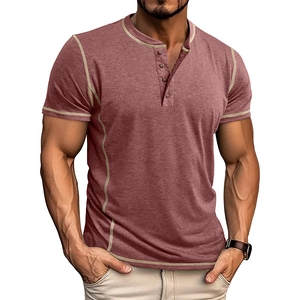 Detail of brick red Henley shirt showing four-button collar and contrast stitching accents