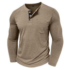 Detail of khaki men's Henley shirt with three-button placket and chest pocket