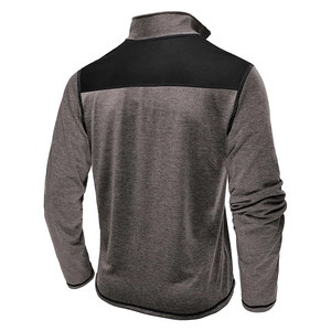 Rear view of men's quarter-zip sweatshirt featuring dark grey and black contrast stitching