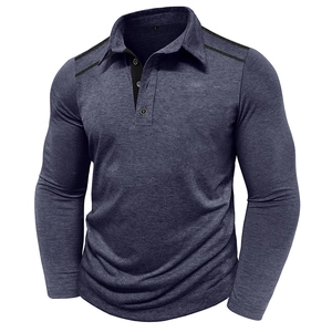 Men's long sleeve polo shirt in dark grey blue with sporty shoulder stitching accents
