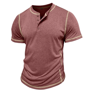 Close-up of brick red Henley shirt with four-button placket and contrast stitching details