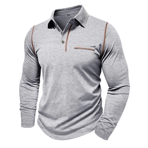 Detailed view of gray long sleeve polo shirt with brown contrast stitching and chest pocket