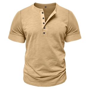 Detail of khaki muscle Henley shirt with textured fabric and five-button placket design