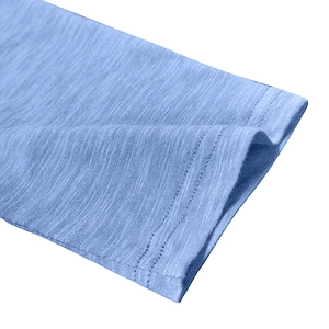 Detail shot of sky blue long sleeve t-shirt cuff with premium slub cotton texture